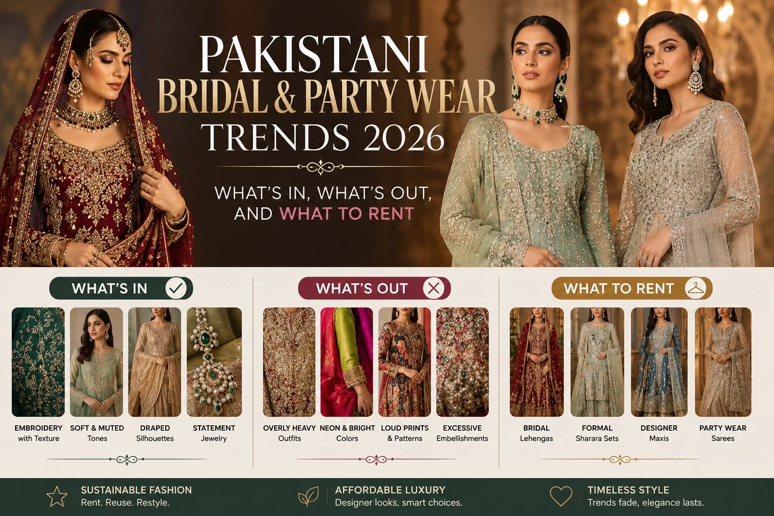 Pakistani Bridal & Party Wear Trends 2026 — What’s In, What’s Out, and What to Rent