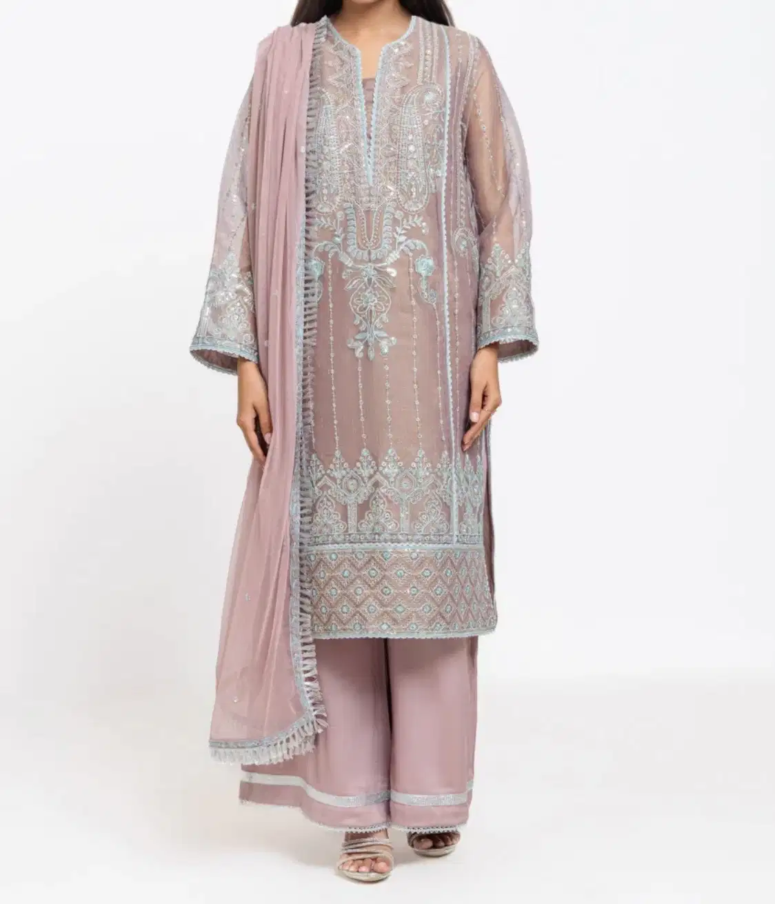 Pink Net Classic Long Shirt With Palazzo by Bonanza Satrangi