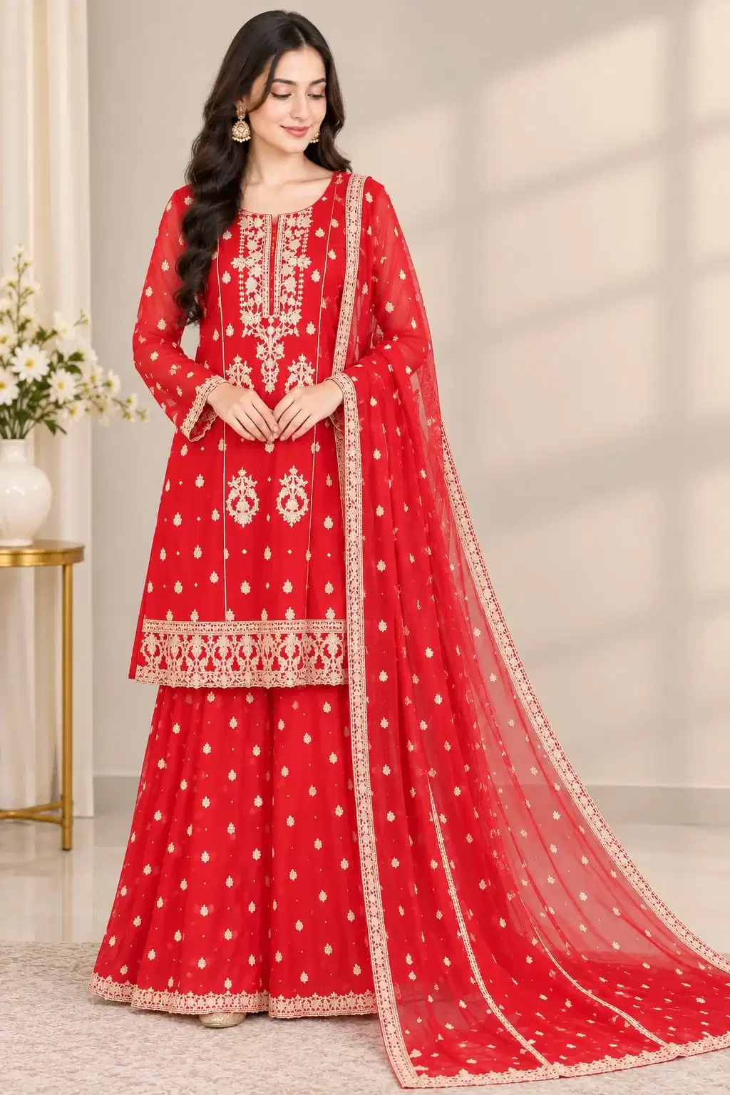 Red Net Sharara With Short Kurti / Kameez