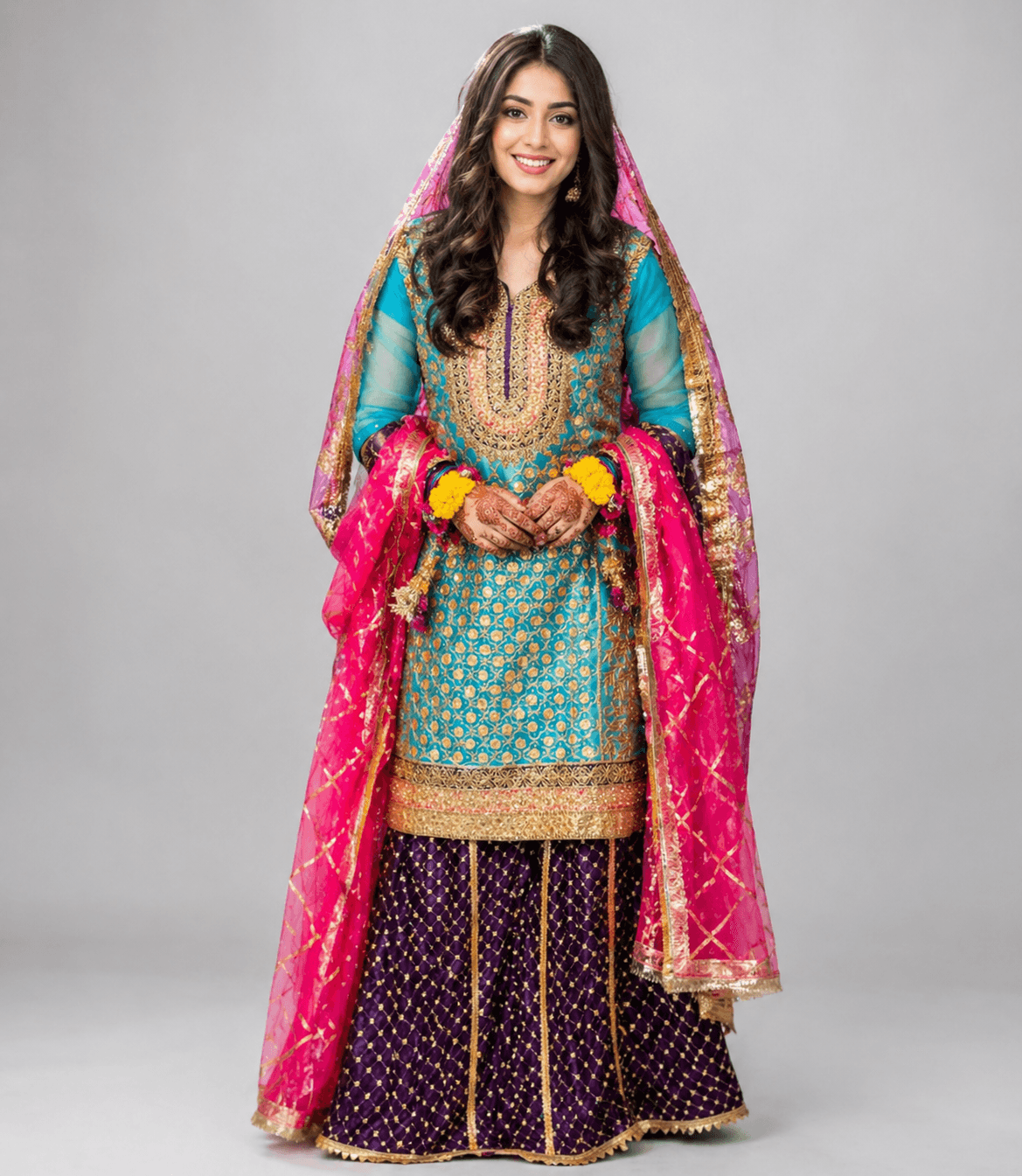 Blue Organza Bridal Sharara With Short Kurti / Kameez
