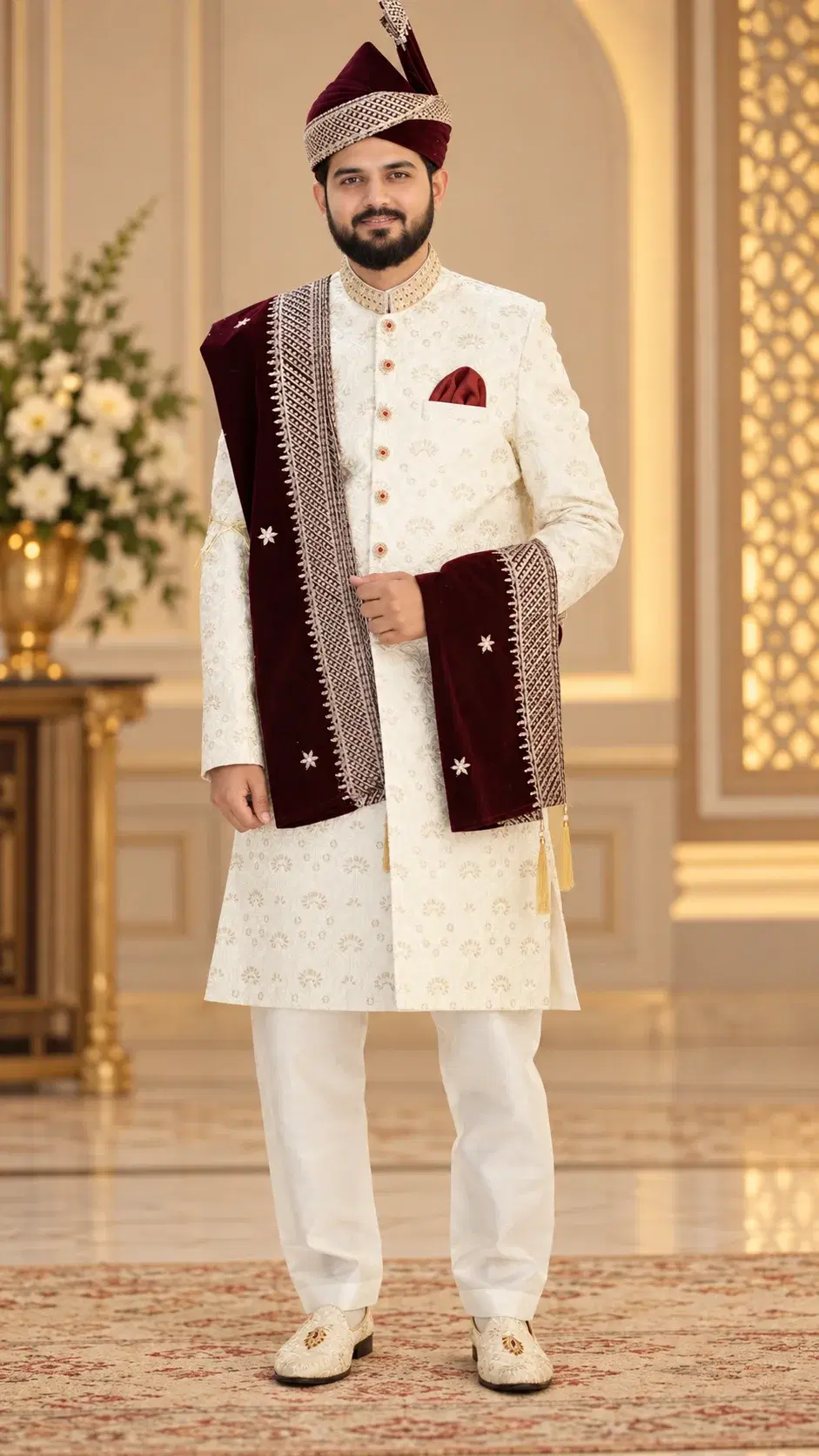 White /Gold Classic Traditional Sherwani