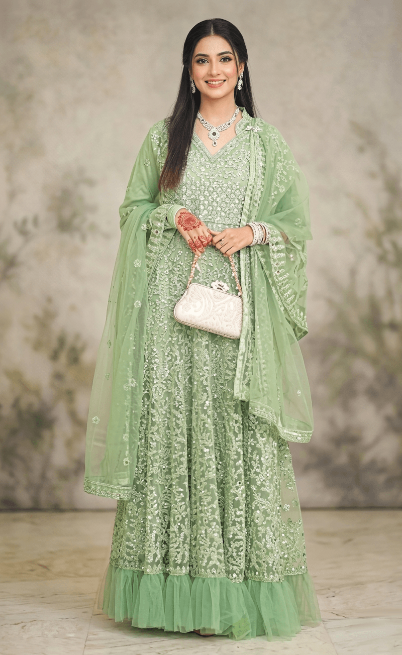 Green Net Ruffle Gown